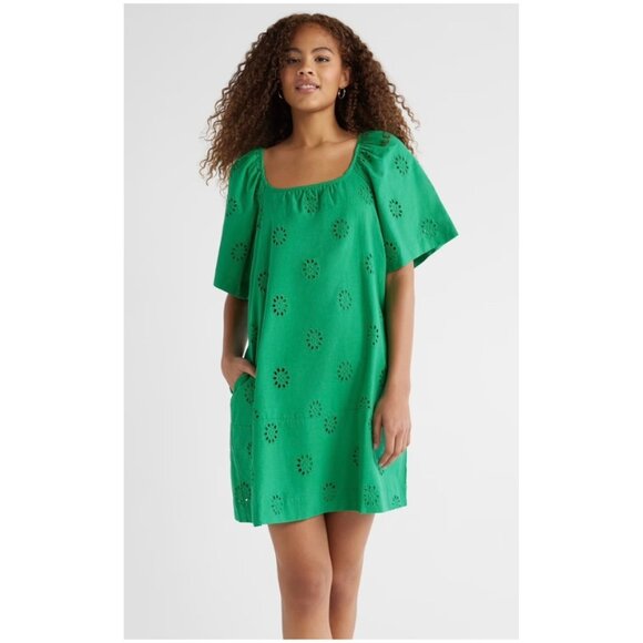 Free Assembly Women's Square Neck Eyelet Mini Dress Green Size XS NEW - Picture 7 of 9